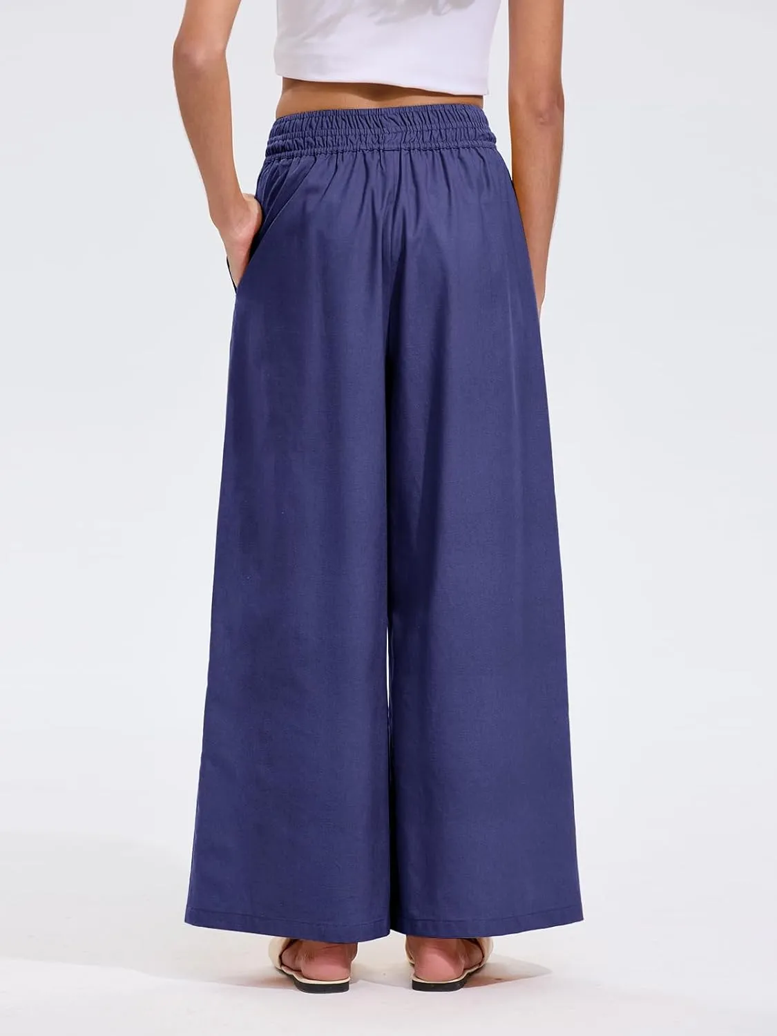Les umes Womens Linen Wide Leg Pants Elastic Waist Cotton Loose Casual Baggy Trousers with Pockets