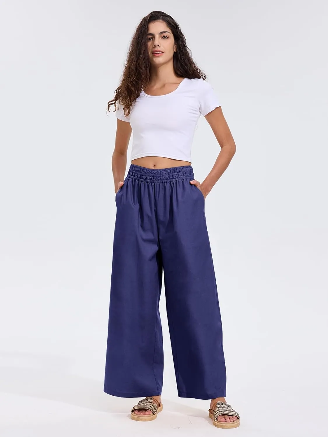 Les umes Womens Linen Wide Leg Pants Elastic Waist Cotton Loose Casual Baggy Trousers with Pockets