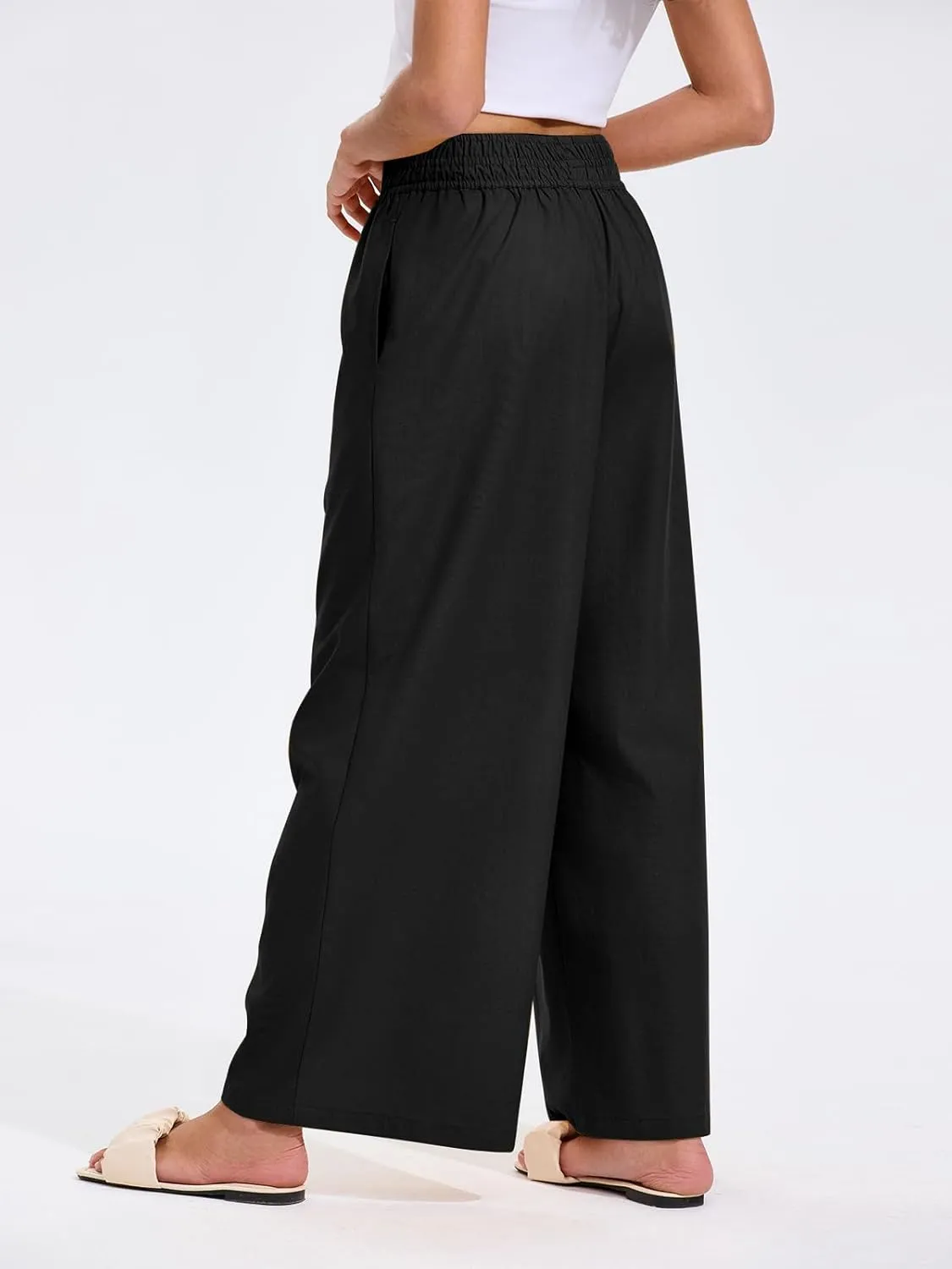Les umes Womens Linen Wide Leg Pants Elastic Waist Cotton Loose Casual Baggy Trousers with Pockets