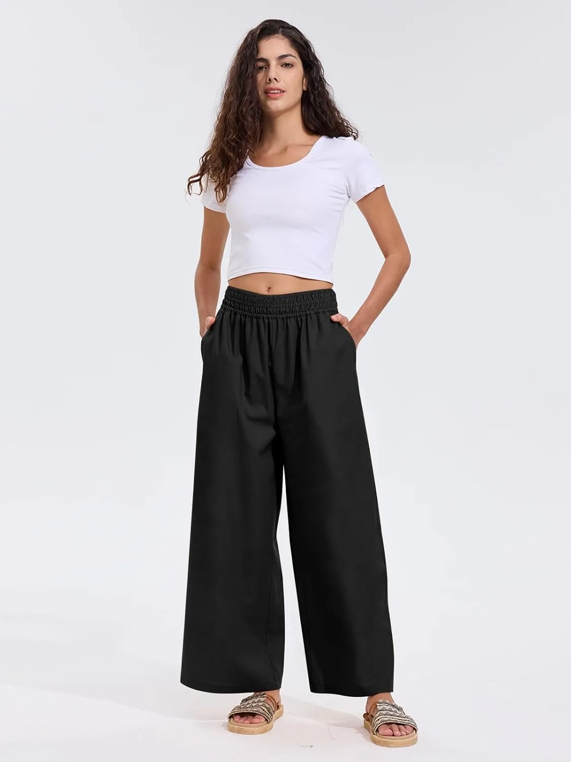 Les umes Womens Linen Wide Leg Pants Elastic Waist Cotton Loose Casual Baggy Trousers with Pockets