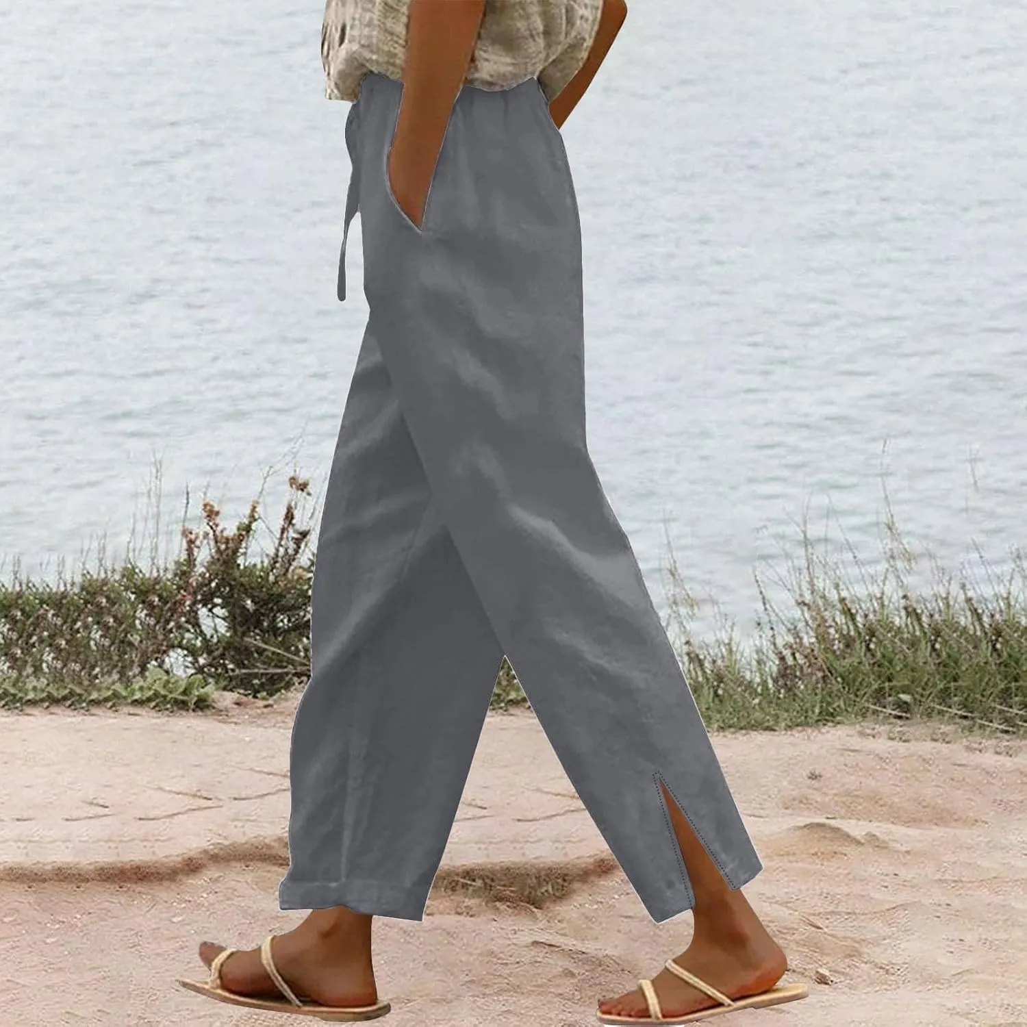 Liene Pants for Women,Wwomens Casual Summer 2025 Drawstring Elastic High Waist Pant Comfy Solid Color Trouser