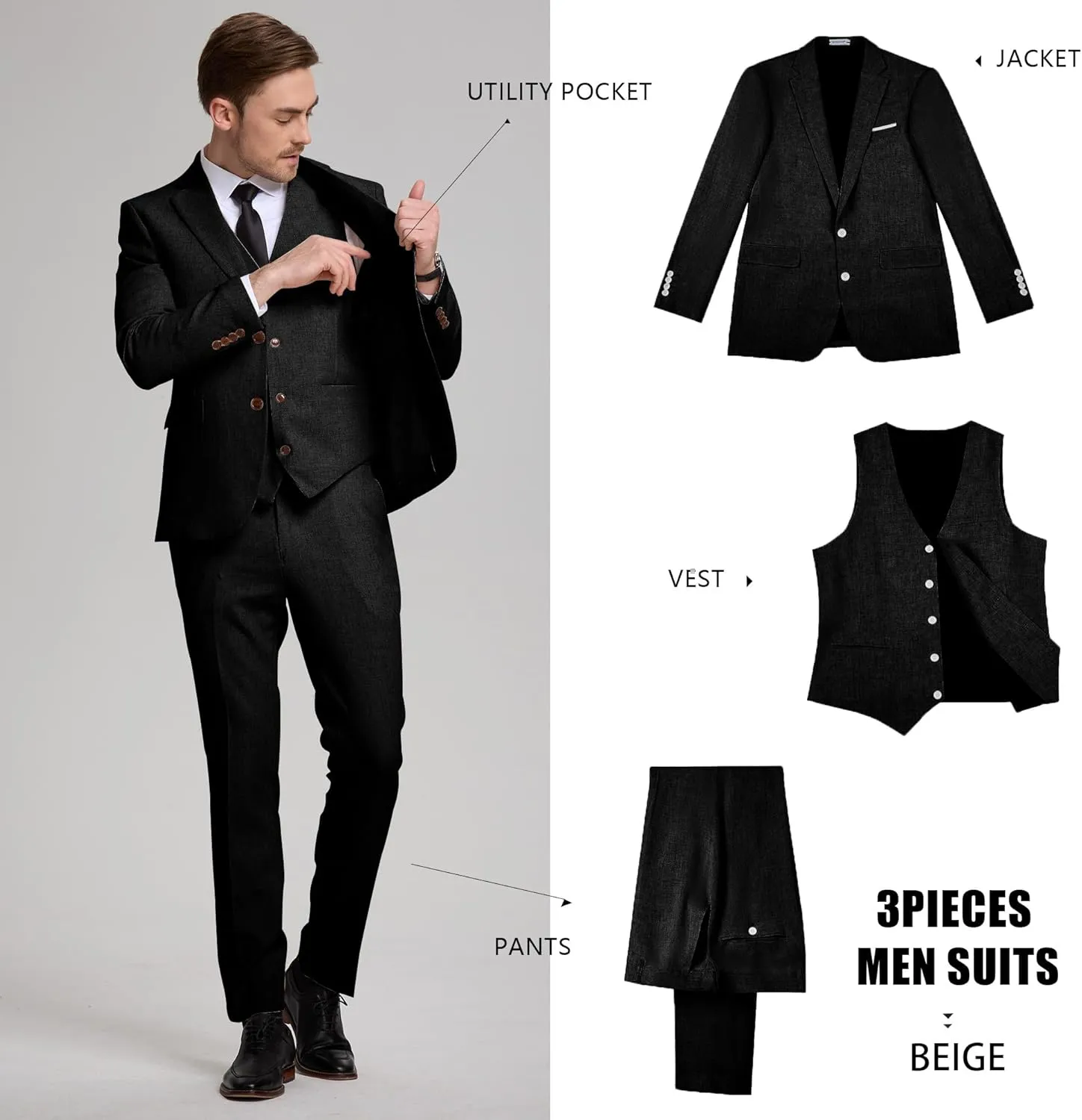 Linen Mens Suits 3 Piece Slim Fit Tuxedo Suit for Men Beach Wedding Formal Business Suit Groom Prom Set Outfits