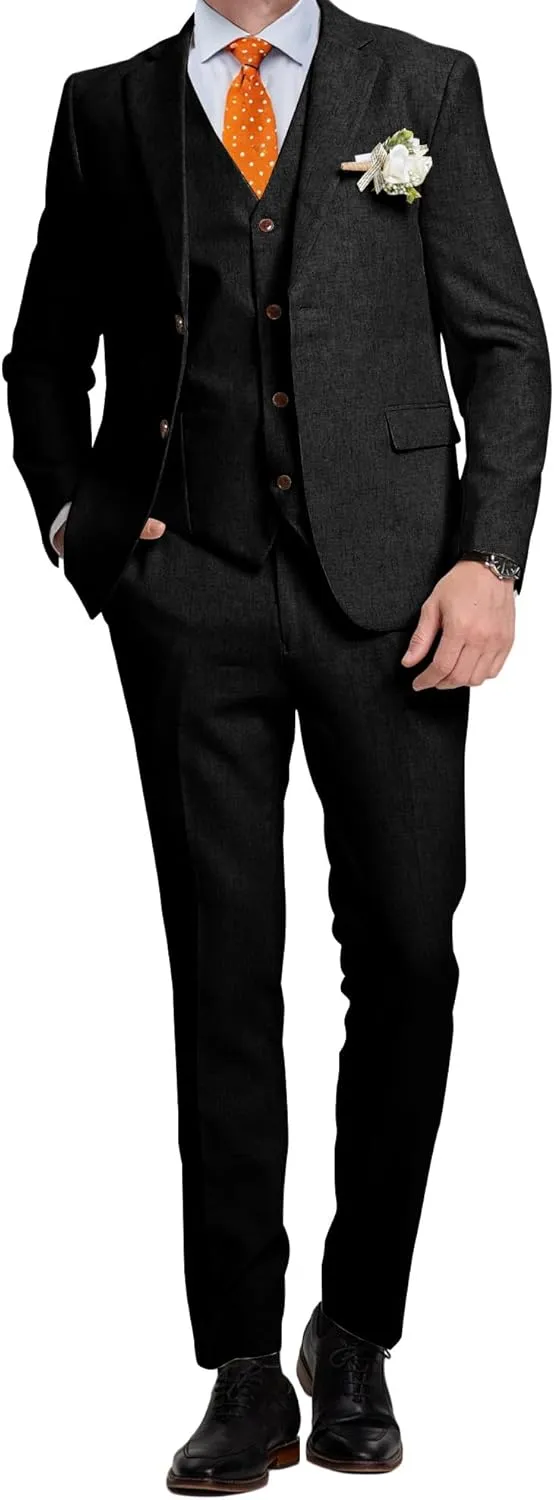 Linen Mens Suits 3 Piece Slim Fit Tuxedo Suit for Men Beach Wedding Formal Business Suit Groom Prom Set Outfits