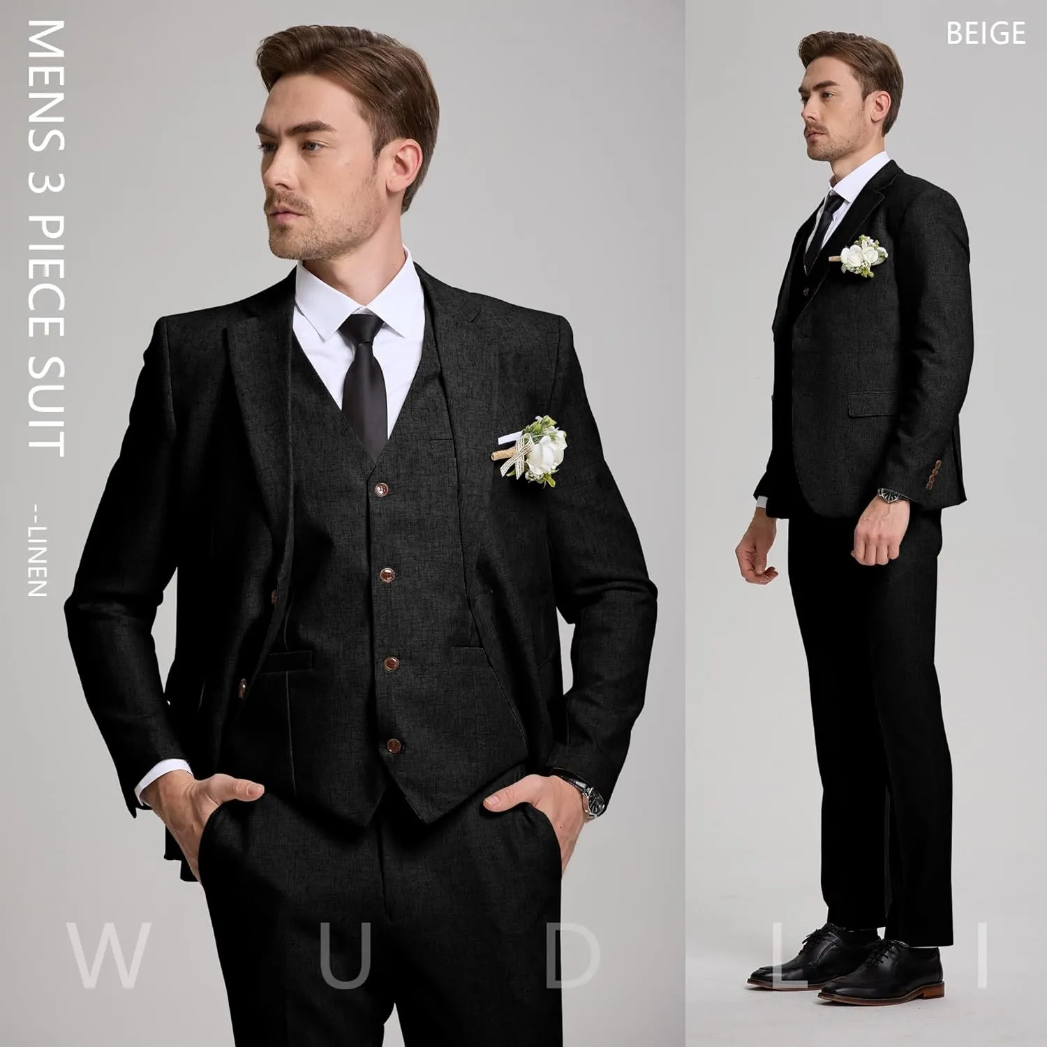 Linen Mens Suits 3 Piece Slim Fit Tuxedo Suit for Men Beach Wedding Formal Business Suit Groom Prom Set Outfits