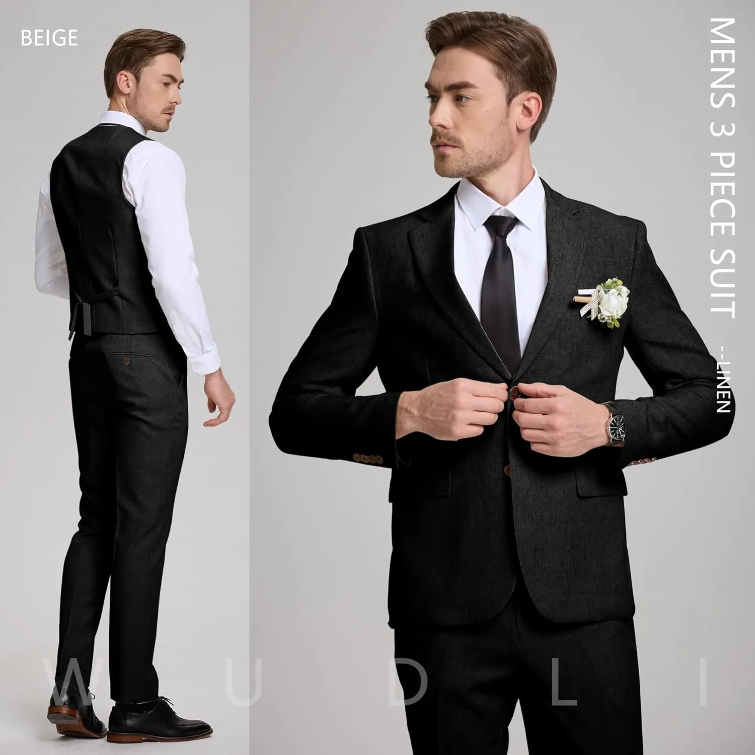 Linen Mens Suits 3 Piece Slim Fit Tuxedo Suit for Men Beach Wedding Formal Business Suit Groom Prom Set Outfits