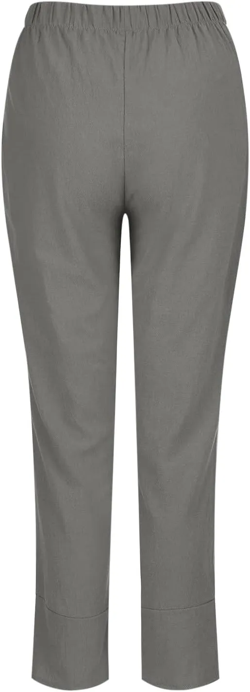 Linen Pants for Women Trendy Elastic Waist Beach Pants Ladies Casual Trousers with Pockets Summer Outfits Clothes