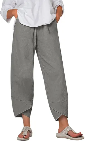 Linen Pants for Women Trendy Elastic Waist Beach Pants Ladies Casual Trousers with Pockets Summer Outfits Clothes