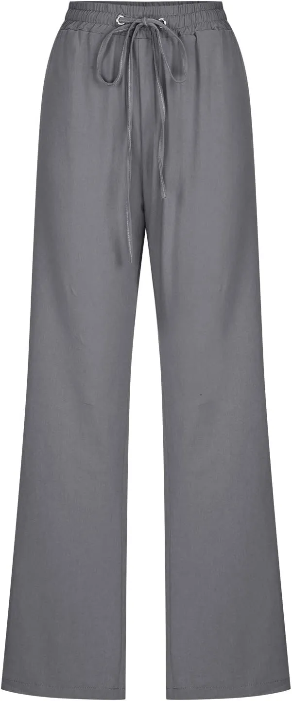 Linen Pants Women Casual Straight Leg Drawstring Elastic High Waist Pants Loose Palazzo Trousers with Pockets