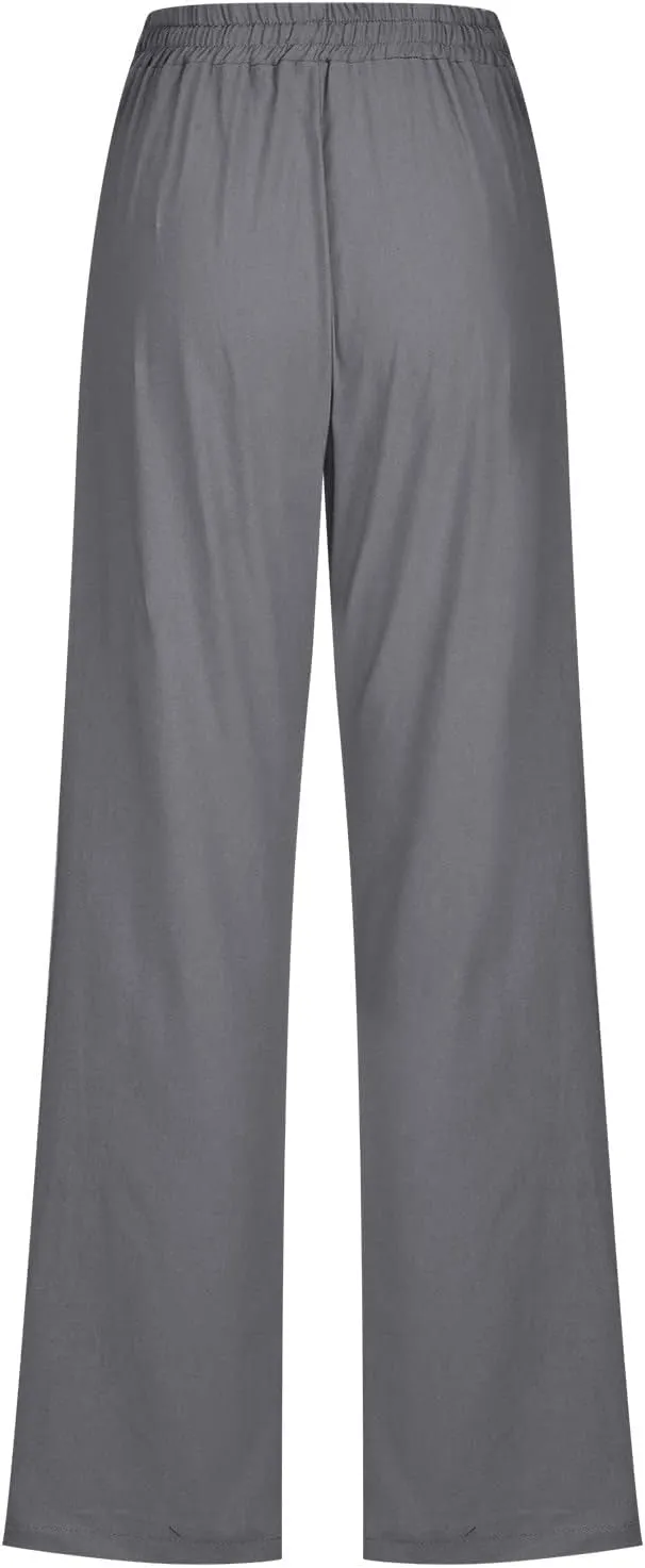 Linen Pants Women Casual Straight Leg Drawstring Elastic High Waist Pants Loose Palazzo Trousers with Pockets