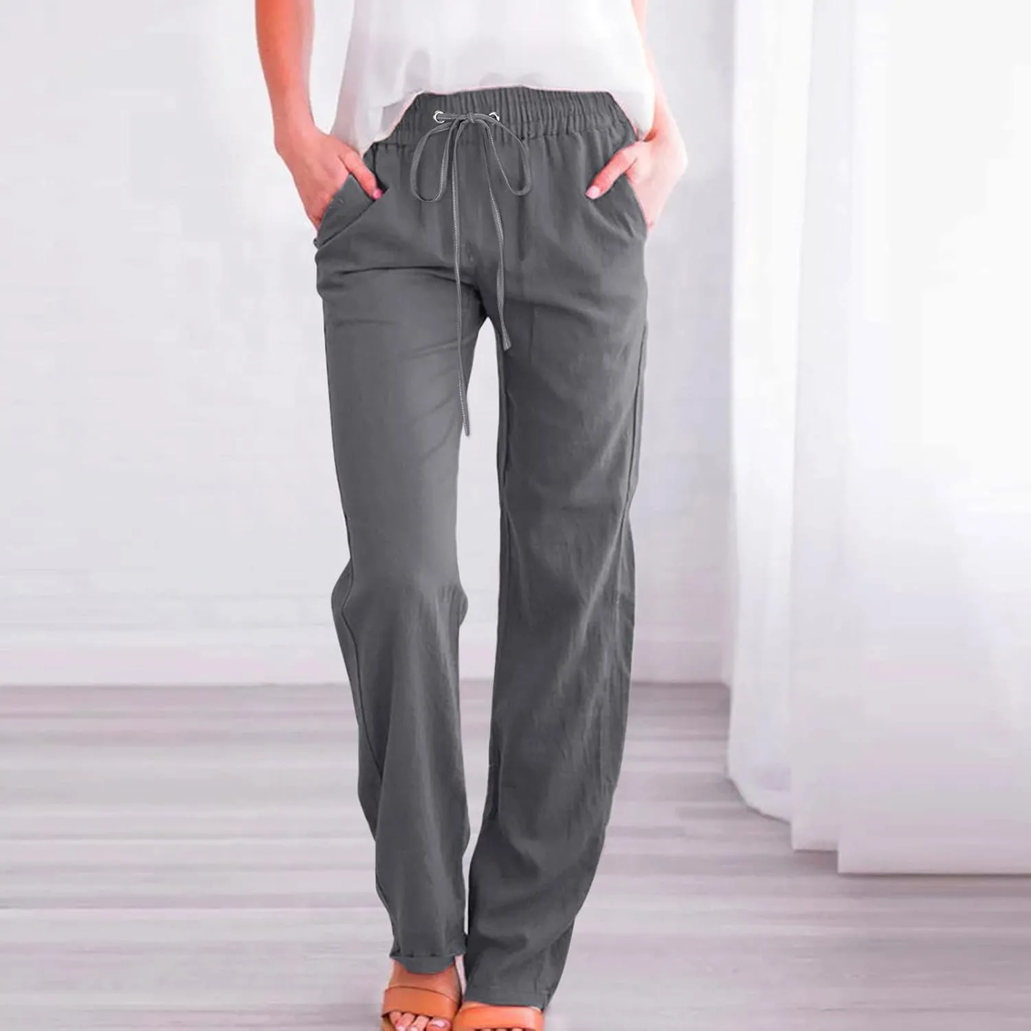 Linen Pants Women Casual Straight Leg Drawstring Elastic High Waist Pants Loose Palazzo Trousers with Pockets