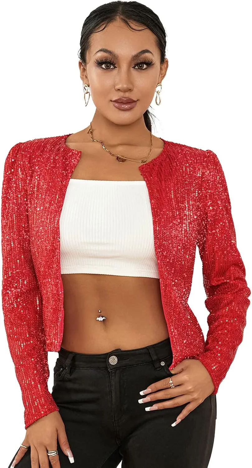 lisenraIn Women Sequin Jacket Lightweight Open Front Shiny Blazer Party Night Concert Long Sleeve Sparkly Cardigan Shrug
