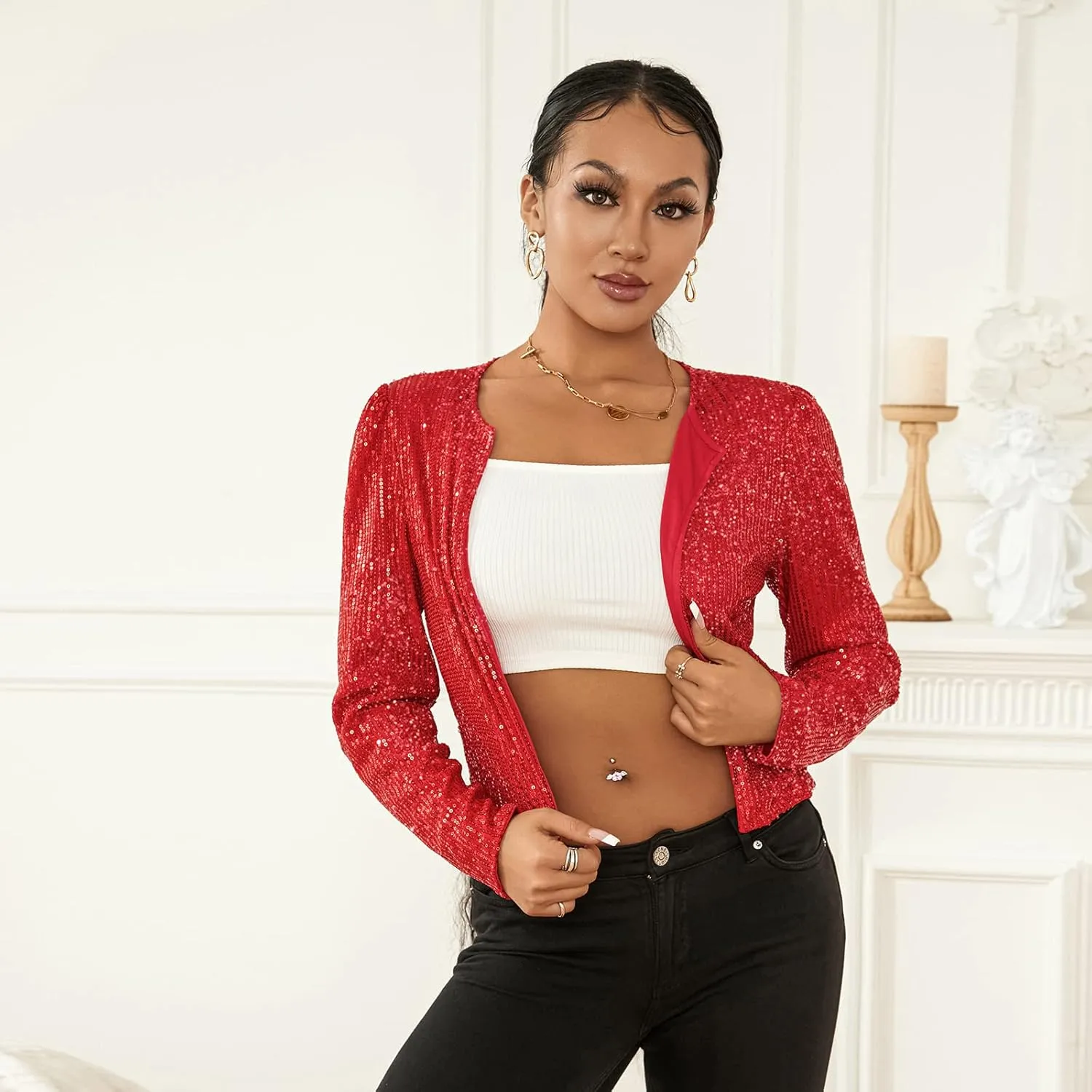 lisenraIn Women Sequin Jacket Lightweight Open Front Shiny Blazer Party Night Concert Long Sleeve Sparkly Cardigan Shrug