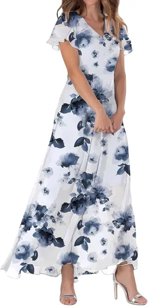 Long Floral Chiffon Dresses for Women Ruffle Cap Sleeve V Neck Flowy Pleated Sundress Summer Casual Dress 2025
