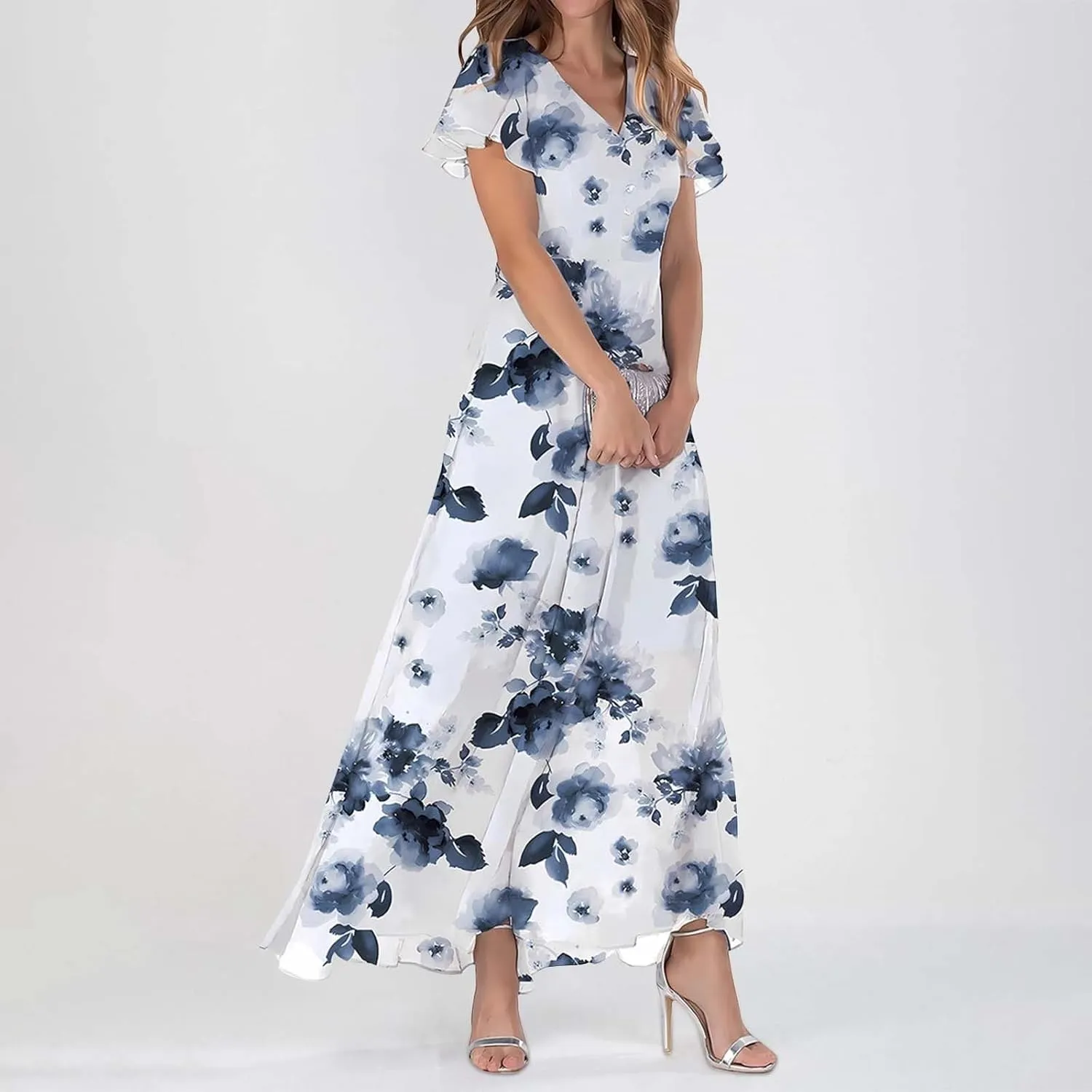 Long Floral Chiffon Dresses for Women Ruffle Cap Sleeve V Neck Flowy Pleated Sundress Summer Casual Dress 2025