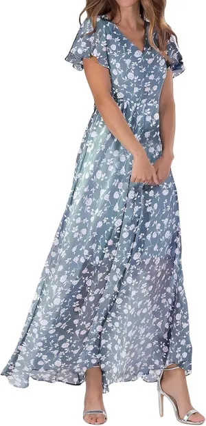 Long Floral Chiffon Dresses for Women Ruffle Cap Sleeve V Neck Flowy Pleated Sundress Summer Casual Dress 2025