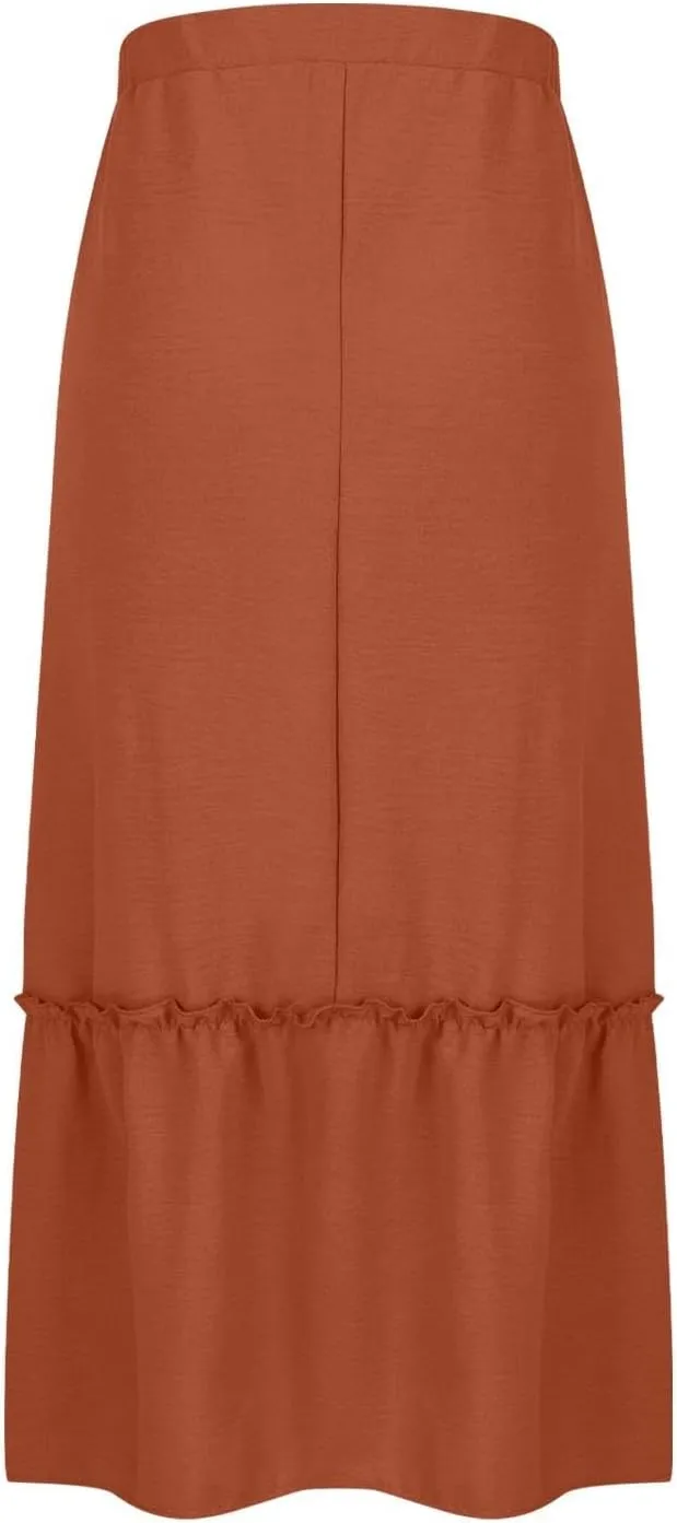 Long Ruffle Skirt for Women Fashion Flowy Boho Maxi Skirts Elastic High Wasit A-Line Pleated Tiered Beach Skirts