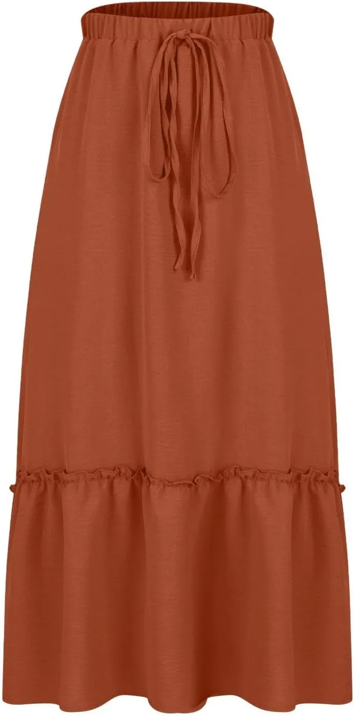 Long Ruffle Skirt for Women Fashion Flowy Boho Maxi Skirts Elastic High Wasit A-Line Pleated Tiered Beach Skirts