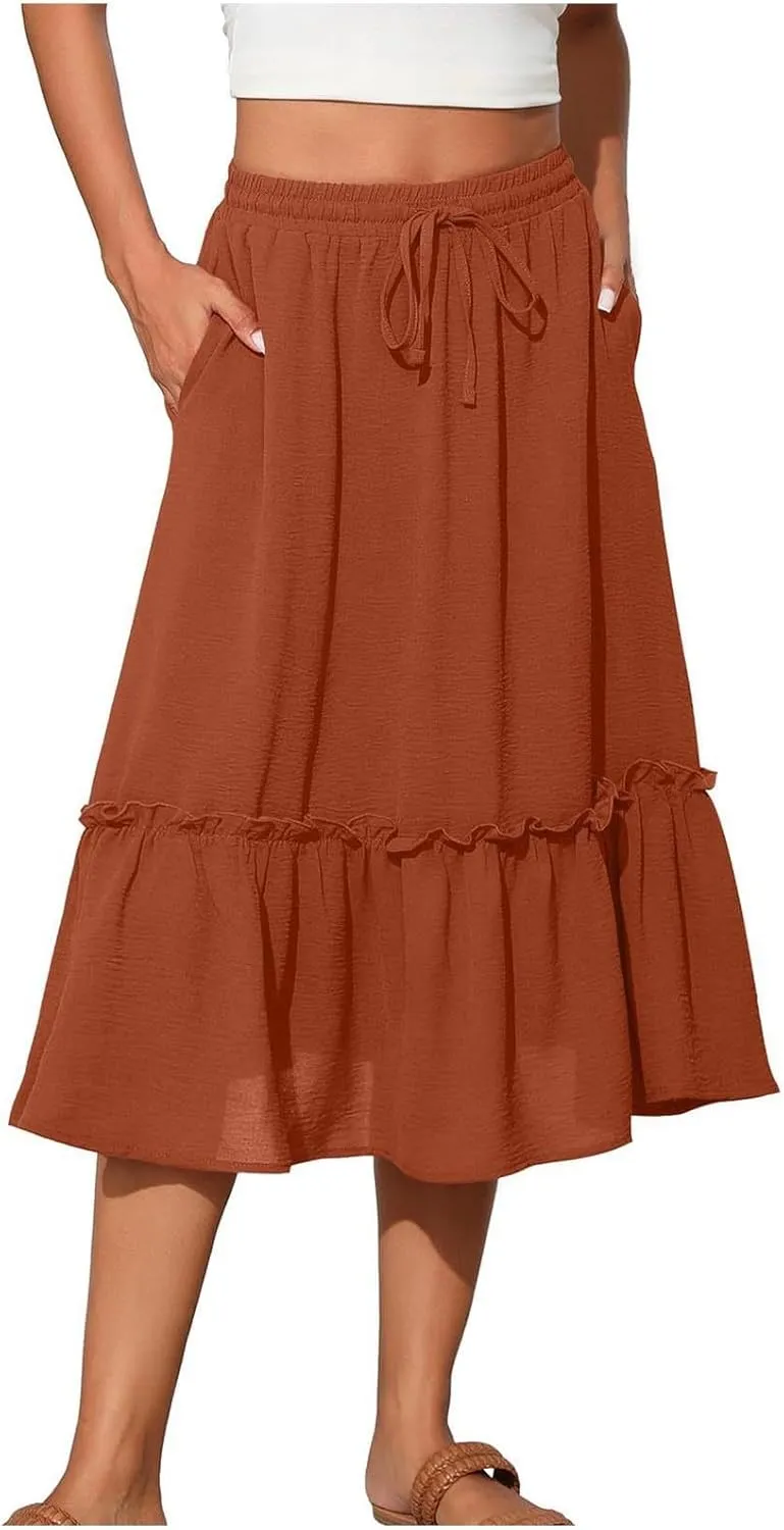 Long Ruffle Skirt for Women Fashion Flowy Boho Maxi Skirts Elastic High Wasit A-Line Pleated Tiered Beach Skirts