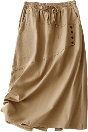 Long Skirts for Women Casual Drawstring Elastic Wasit Swing A Line Midi Skirt Loose Fit Work Out Skirts