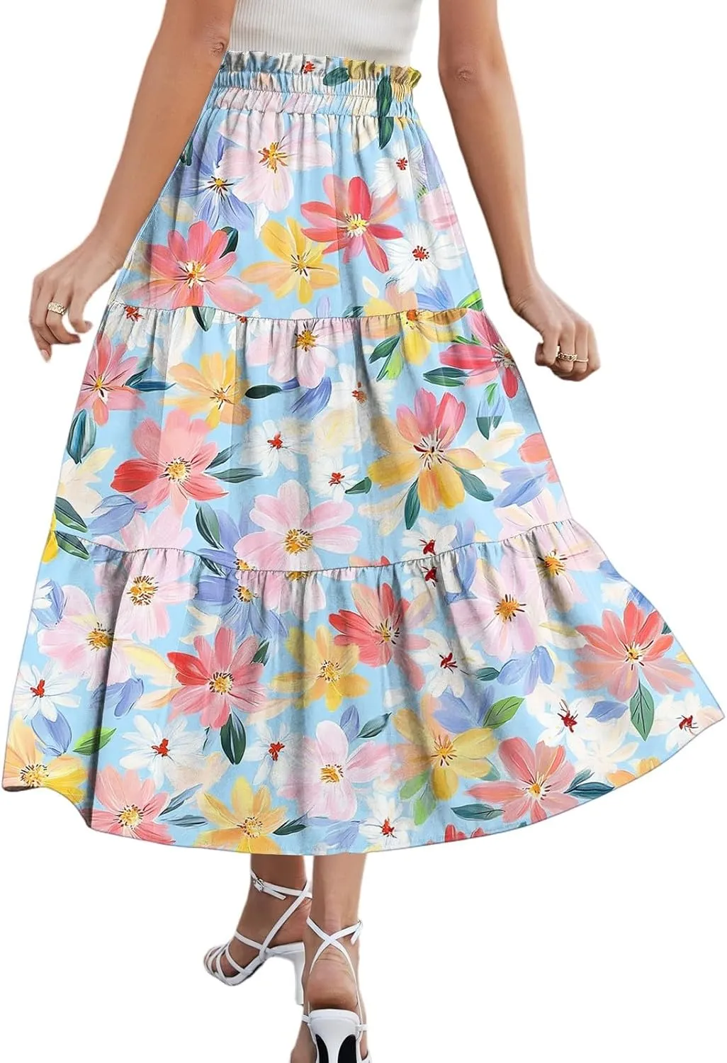 Long Skirts for Women Floral Print Boho Maxi Skirt Elastic High Waist Drawstring Pleated Flowy Skirts with Pockets