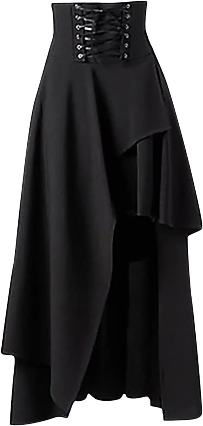 Long Skirts For Women Gothic Dress Vintage Renaissance Midi Skirt High Waist Irregular Hem Ruched Punk A-Line Skirt