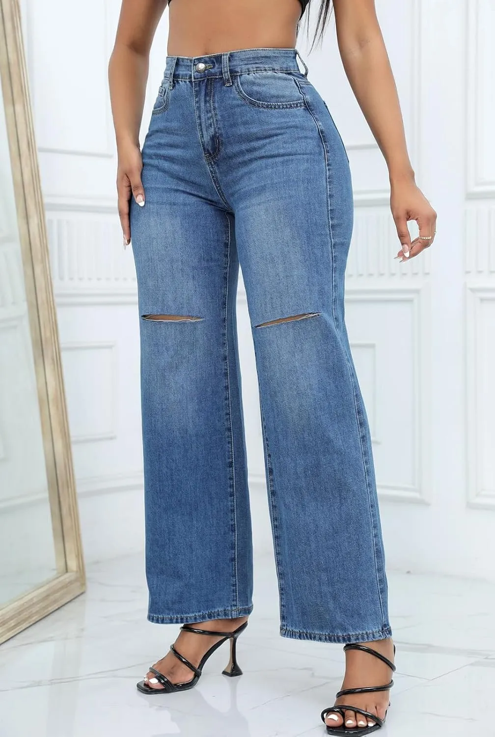 LONGBIDA Womens High Waist Ripped Straight Wide Leg Baggy Jeans Y2k Boyfriend Distressed Loose Denim Pants