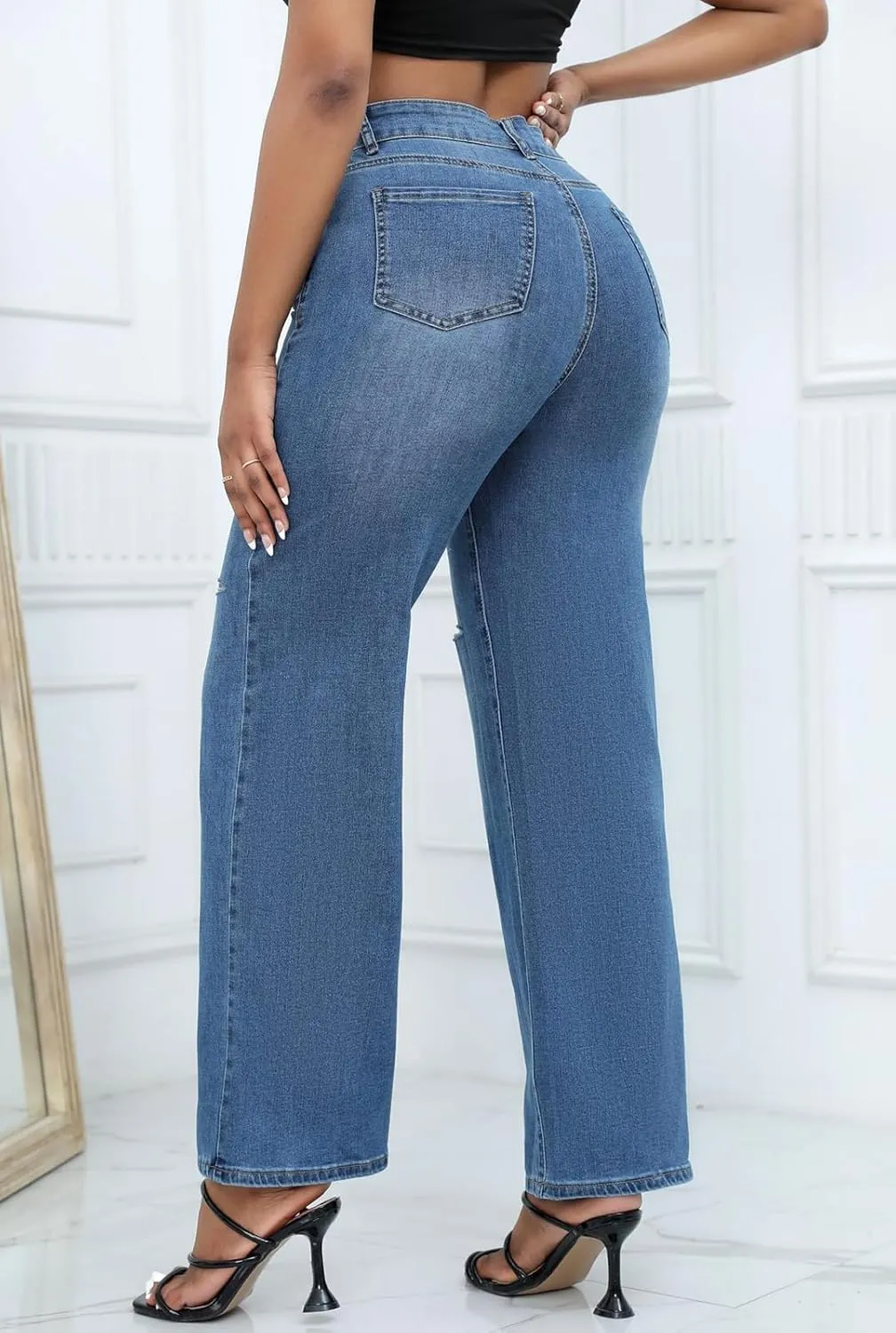 LONGBIDA Womens High Waist Ripped Straight Wide Leg Baggy Jeans Y2k Boyfriend Distressed Loose Denim Pants