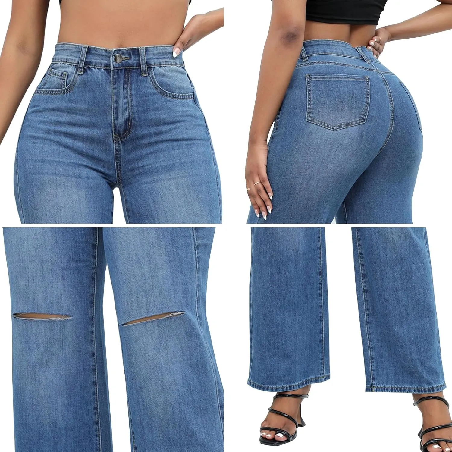 LONGBIDA Womens High Waist Ripped Straight Wide Leg Baggy Jeans Y2k Boyfriend Distressed Loose Denim Pants