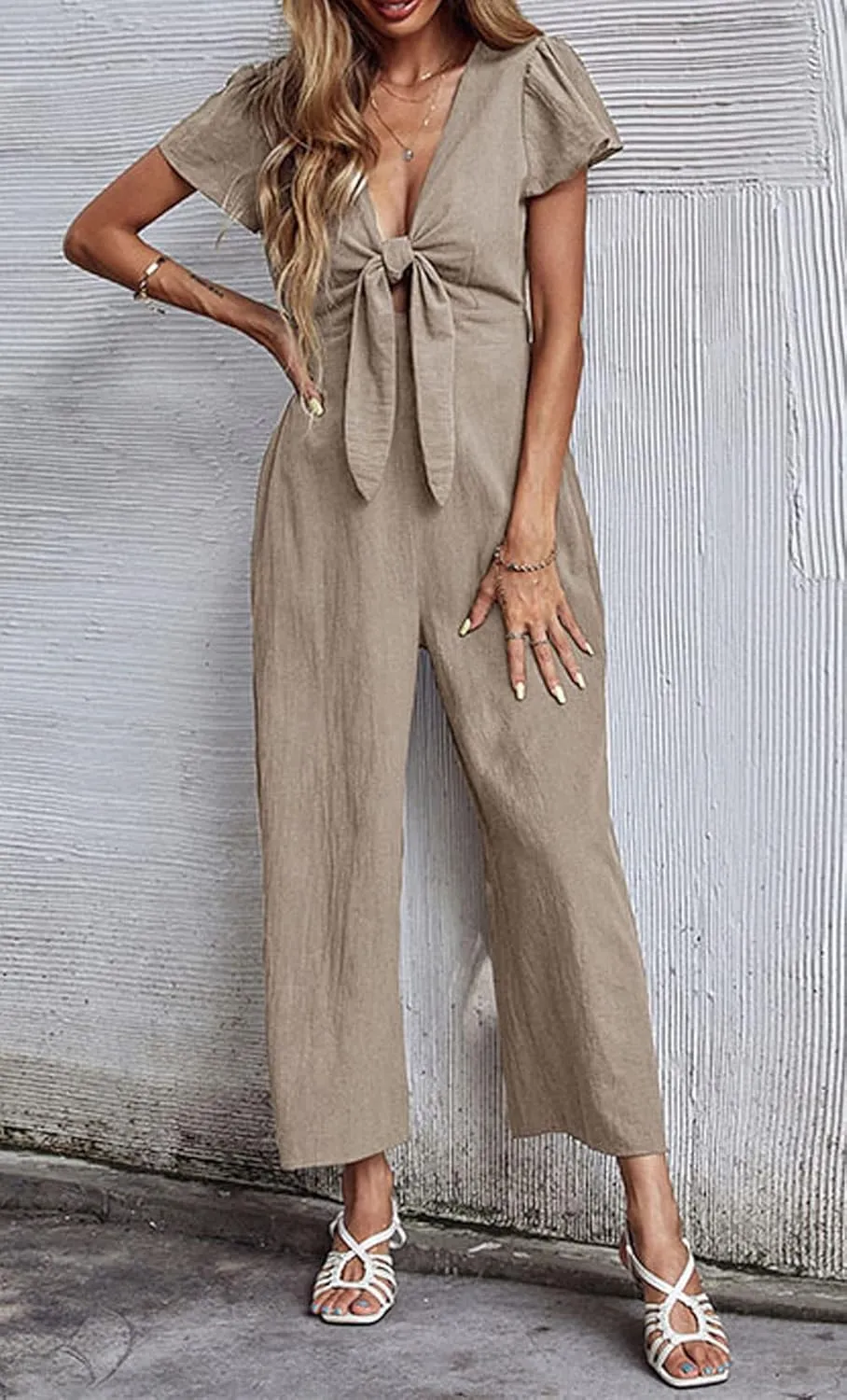 loveimgs Women's Short Sleeve Wrinkled Ice Silk Wide Leg Jumpsuit Tie Knot Cropped Palazzo Pants Romper
