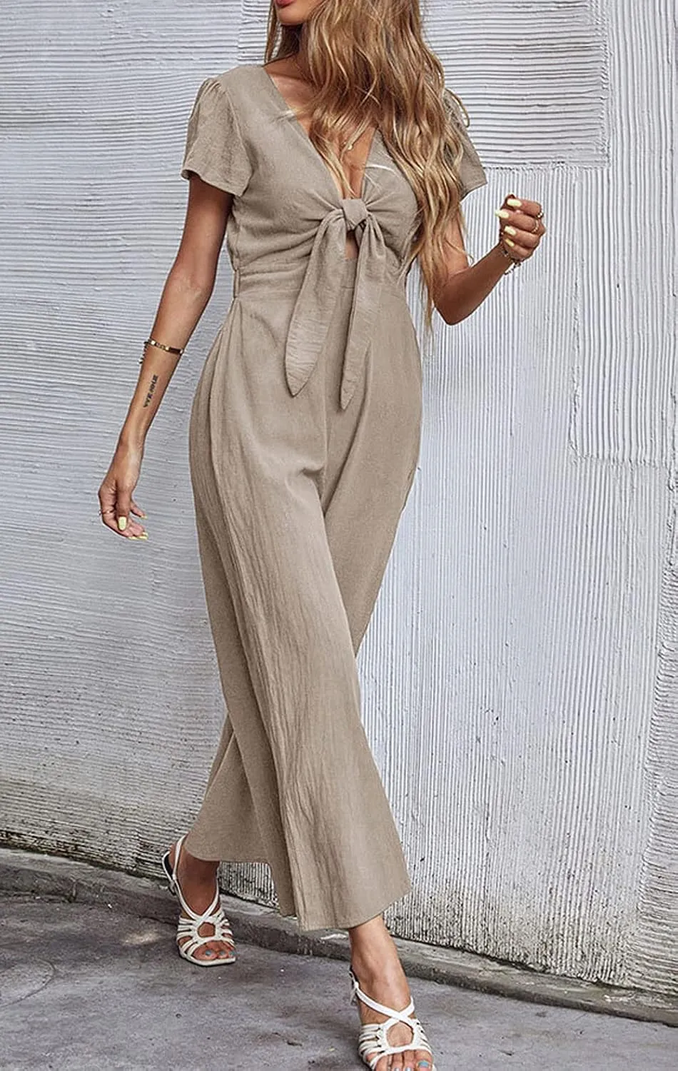 loveimgs Women's Short Sleeve Wrinkled Ice Silk Wide Leg Jumpsuit Tie Knot Cropped Palazzo Pants Romper