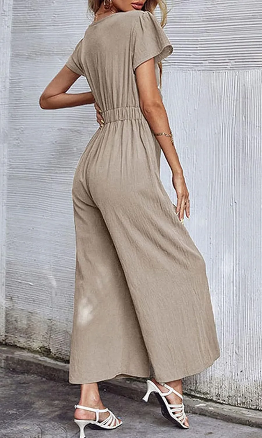loveimgs Women's Short Sleeve Wrinkled Ice Silk Wide Leg Jumpsuit Tie Knot Cropped Palazzo Pants Romper