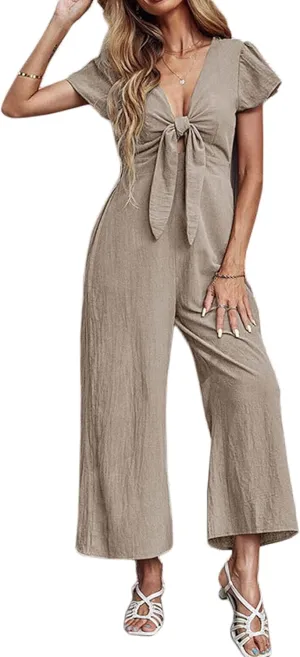 loveimgs Women's Short Sleeve Wrinkled Ice Silk Wide Leg Jumpsuit Tie Knot Cropped Palazzo Pants Romper