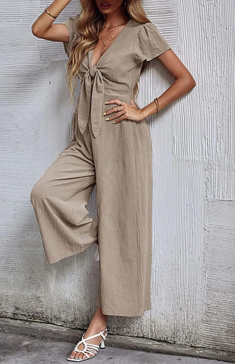 loveimgs Women's Short Sleeve Wrinkled Ice Silk Wide Leg Jumpsuit Tie Knot Cropped Palazzo Pants Romper