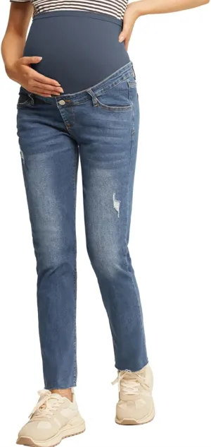 Maacie Women's Maternity Jeans Straight Leg Anti-Slip Comfy Cute Pants Over The Belly with Pockets