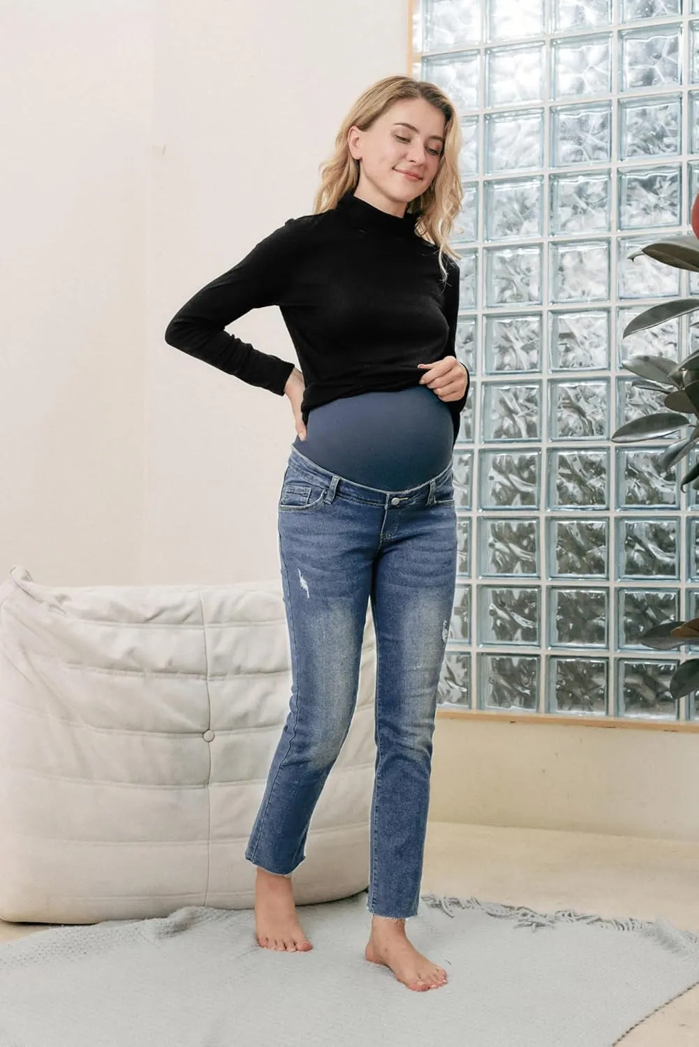 Maacie Women's Maternity Jeans Straight Leg Anti-Slip Comfy Cute Pants Over The Belly with Pockets