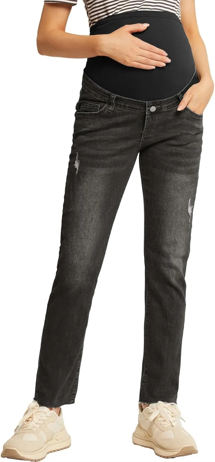 Maacie Women's Maternity Jeans Straight Leg Anti-Slip Comfy Cute Pants Over The Belly with Pockets