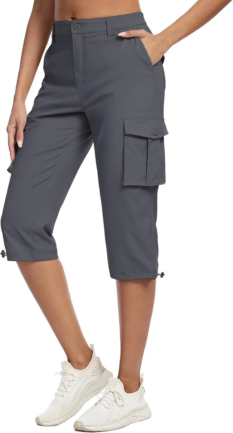 MAGCOMSEN Women's Cargo Capris Pants with 6 Pockets Lightweight Water Resistant Hiking Travel Pants Summer Casual