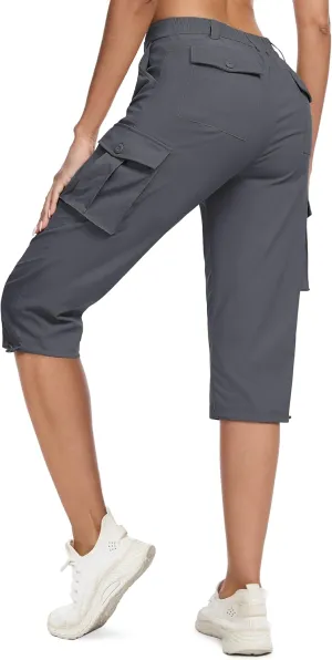 MAGCOMSEN Women's Cargo Capris Pants with 6 Pockets Lightweight Water Resistant Hiking Travel Pants Summer Casual