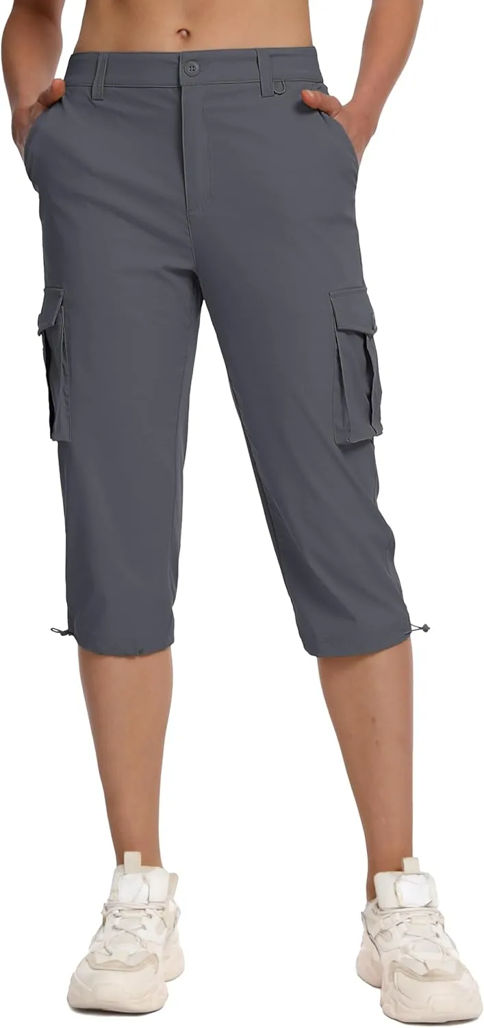 MAGCOMSEN Women's Cargo Capris Pants with 6 Pockets Lightweight Water Resistant Hiking Travel Pants Summer Casual