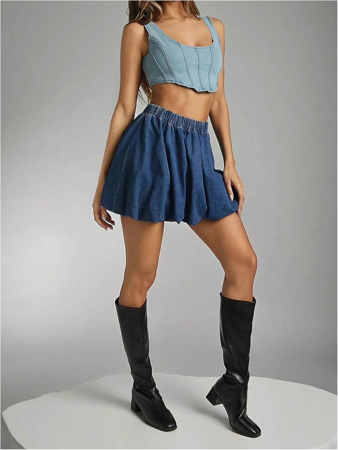 MakeMeChic Women's Elastic High Waisted Bubble Denim Mini Skirt A Line Puffy Jean Skirts