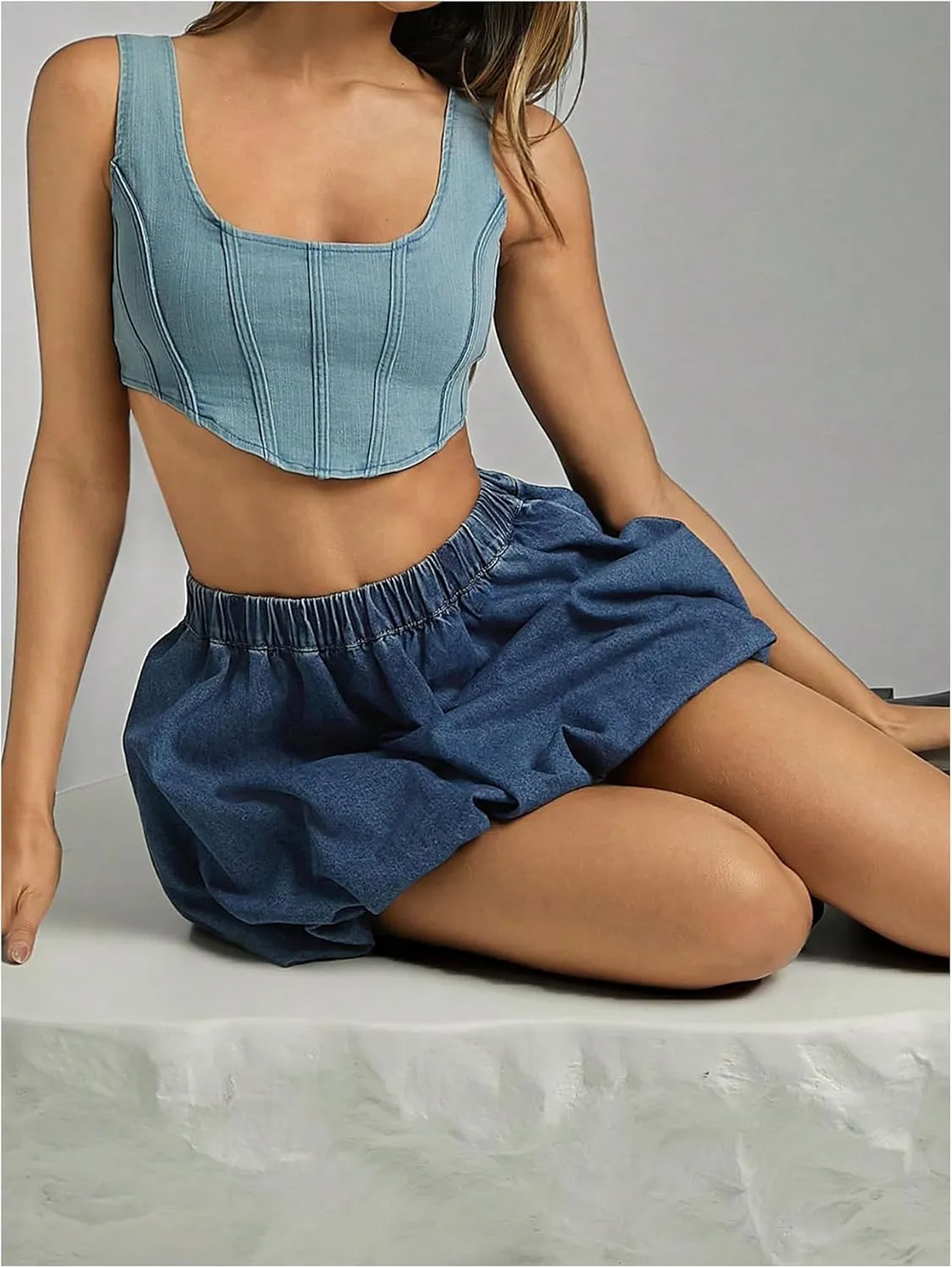 MakeMeChic Women's Elastic High Waisted Bubble Denim Mini Skirt A Line Puffy Jean Skirts