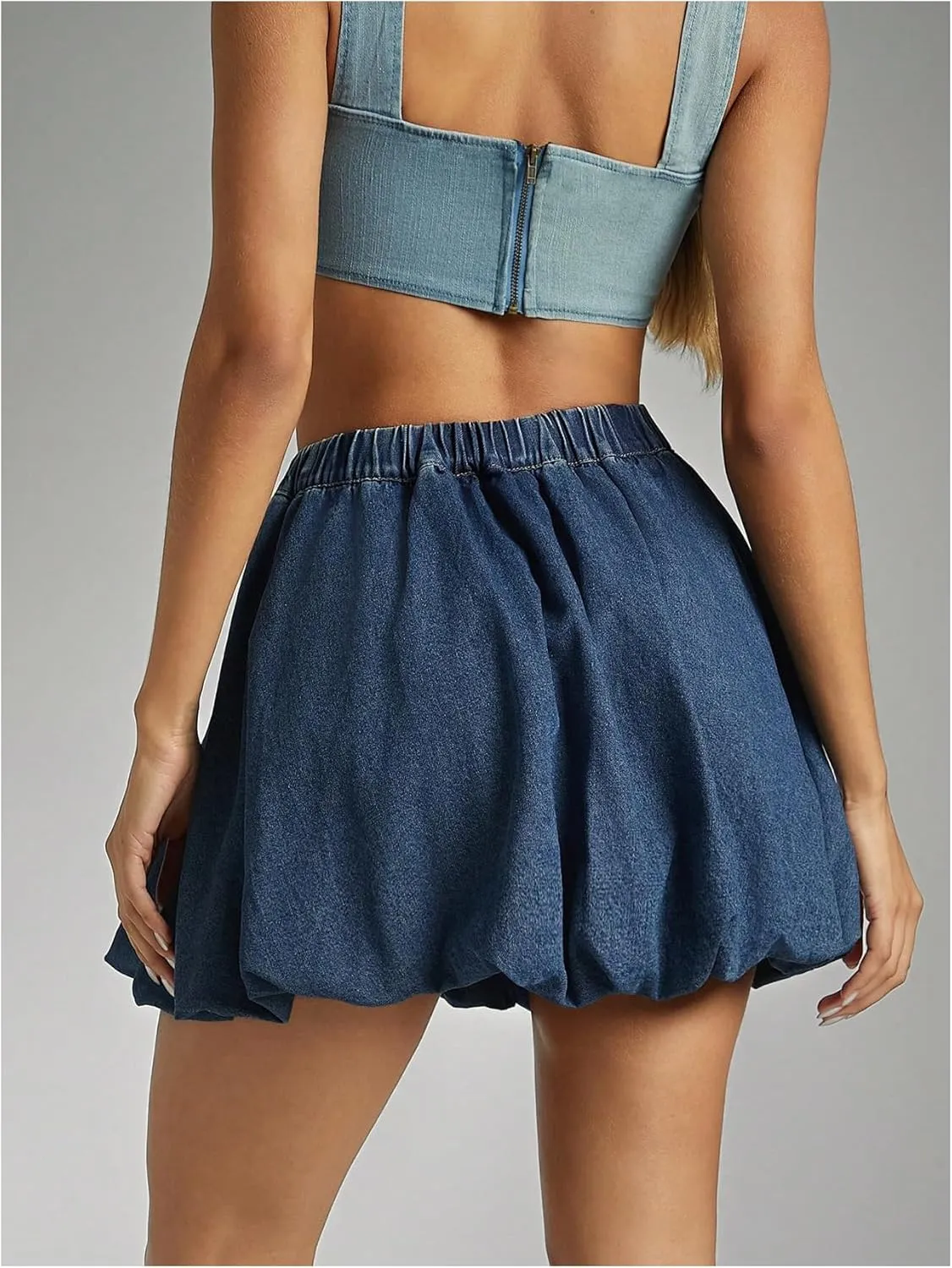 MakeMeChic Women's Elastic High Waisted Bubble Denim Mini Skirt A Line Puffy Jean Skirts