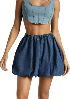 MakeMeChic Women's Elastic High Waisted Bubble Denim Mini Skirt A Line Puffy Jean Skirts