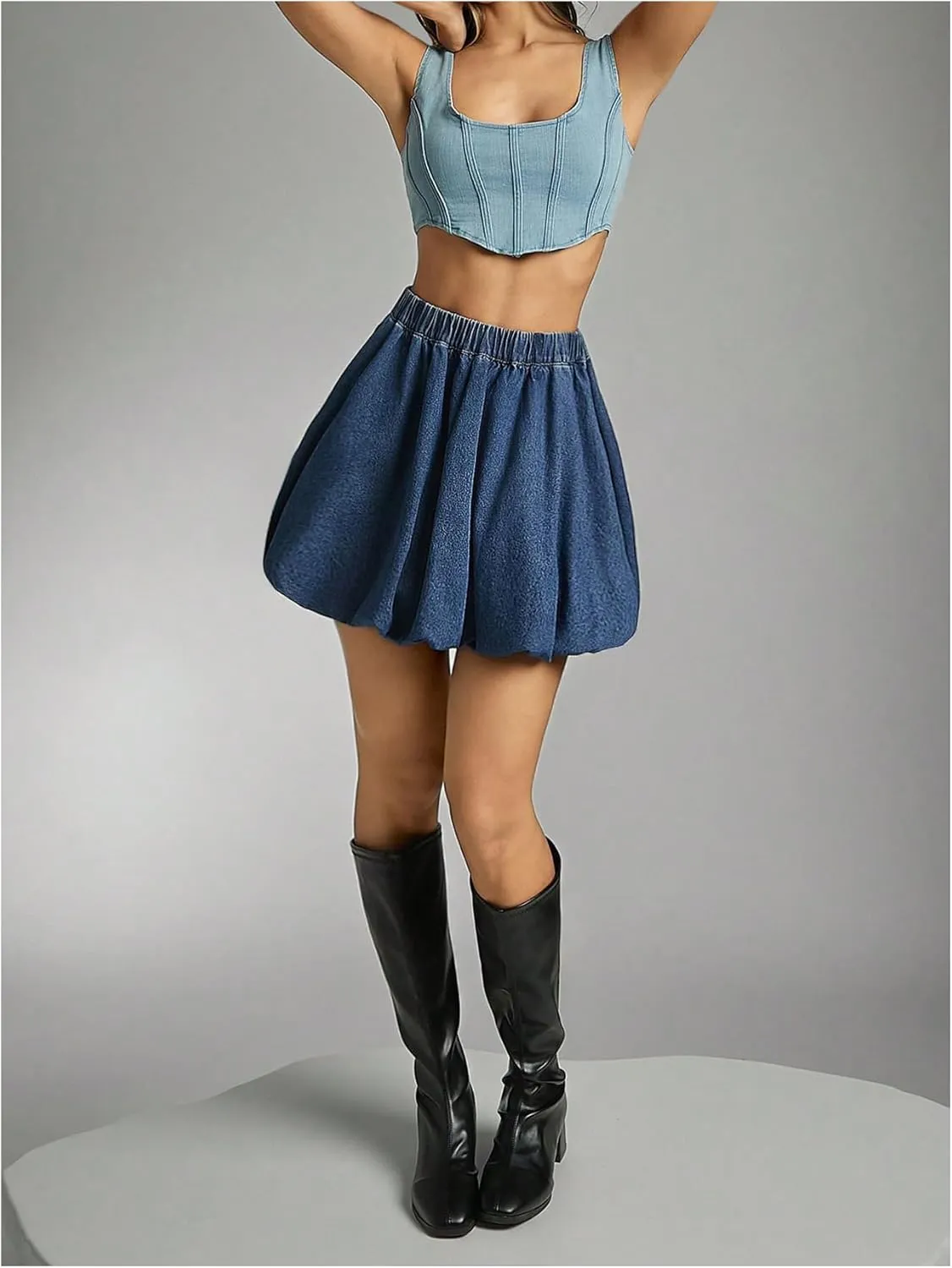 MakeMeChic Women's Elastic High Waisted Bubble Denim Mini Skirt A Line Puffy Jean Skirts