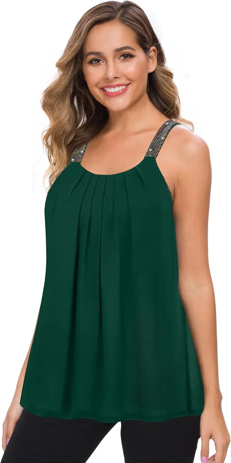 MANER Women's Plus Size Cami Casual Pleated Chiffon Tank Top with Beaded Strap