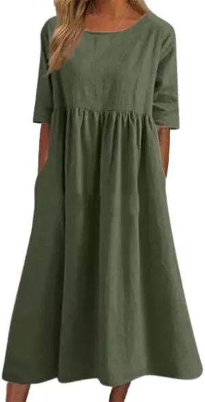 Maxi Dress for Women Half Sleeve Cotton Linen Dress Casual Loose Fit Crew Neck Solid Color with Pockets