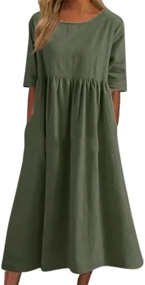 Maxi Dress for Women Half Sleeve Cotton Linen Dress Casual Loose Fit Crew Neck Solid Color with Pockets