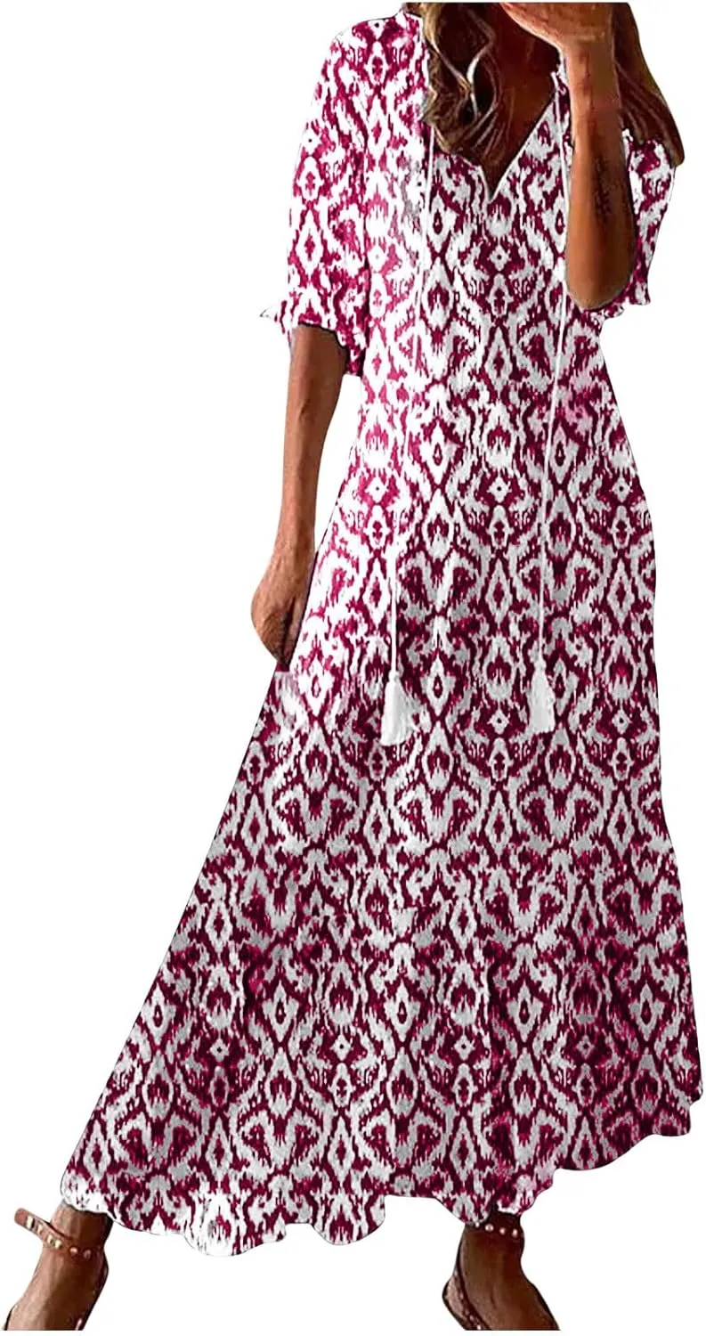 Maxi Dresses for Women 2025 V Neck Vintage Floral Dress Drawstring V Neck Spring Summer Dresses Beach Sundress