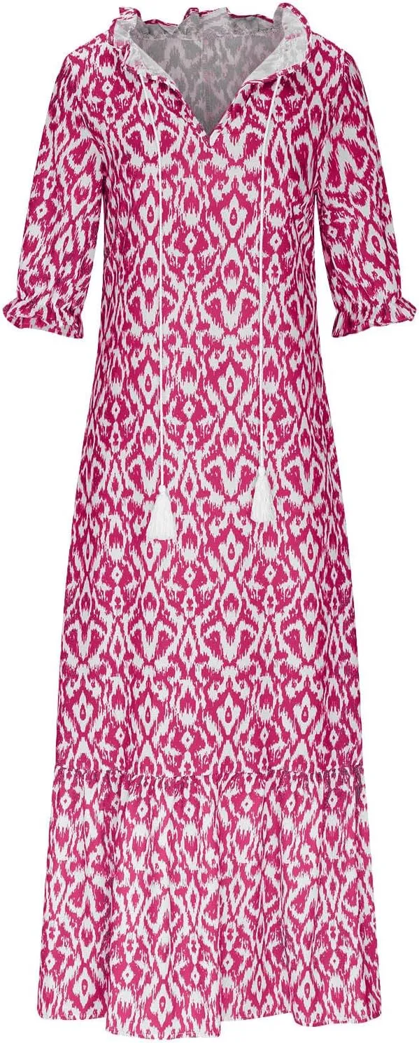 Maxi Dresses for Women 2025 V Neck Vintage Floral Dress Drawstring V Neck Spring Summer Dresses Beach Sundress
