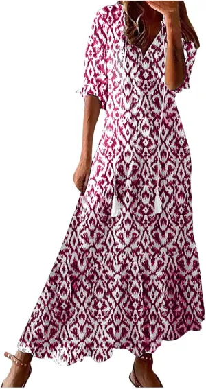 Maxi Dresses for Women 2025 V Neck Vintage Floral Dress Drawstring V Neck Spring Summer Dresses Beach Sundress